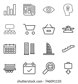 thin line icon set : graph, newspaper, eye, bulb head, structure, cart, remove from basket, scales, calendar, skyscrapers, skyscraper, stairs, truck shipping, terms, cargo search, baggage get