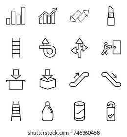 thin line icon set : graph, diagram, up down arrow, lipstick, stairs, trip, route, courier delivery, package, escalator, cleanser, powder, please clean