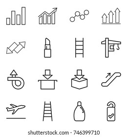 thin line icon set : graph, diagram, up, down arrow, lipstick, stairs, tower crane, trip, package, escalator, departure, cleanser, please clean