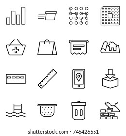 thin line icon set : graph, delivery, chip, cpu, add to basket, shopping bag, atm receipt, project, bunker, ruler, mobile location, package, pool, colander, trash bin, construct garbage