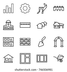 thin line icon set : graph, gear, greate wall, bridge, mansion, bunker, houses, house with garage, modular, brick, construction, arch, home, window, wheelbarrow
