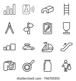 thin line icon set : graph, pass card, warehouse, stairs, drawing compasses, signpost, clipboard pen, fragile, sorting, car baggage, sail boat, escalator, camera, pan, bank, trash
