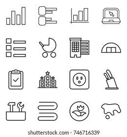 thin line icon set : graph, diagram, notebook, list, baby stroller, houses, hangare, clipboard check, hotel, power socket, stands for knives, repair tools, towel, ecology, spot