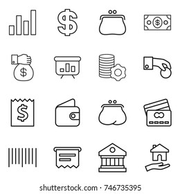 thin line icon set : graph, dollar, purse, money, gift, presentation, virtual mining, hand coin, receipt, wallet, credit card, bar code, atm, library, housing