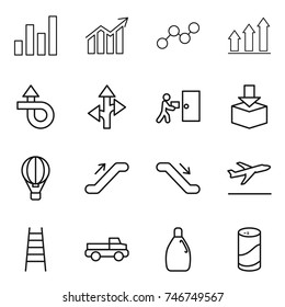 thin line icon set : graph, diagram, up, trip, route, courier delivery, package, air ballon, escalator, departure, stairs, pickup, cleanser, powder