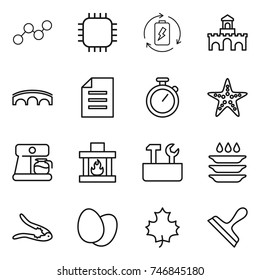 thin line icon set : graph, chip, battery charge, fort, bridge, document, stopwatch, starfish, coffee maker, fireplace, repair tools, plate washing, walnut crack, eggs, maple leaf, scraper