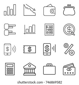thin line icon set : graph, crisis, wallet, purse, diagram, abacus, dollar arrow, phone pay, receipt, mobile, percent, calculator, library, suitcase, credit card