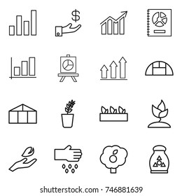 thin line icon set : graph, investment, diagram, annual report, presentation, up, greenhouse, seedling, sprouting, hand leaf, sow, garden, fertilizer