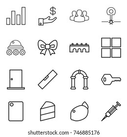 thin line icon set : graph, investment, group, laser, lunar rover, bow, bridge, window, door, level, arch, key, cutting board, cake, lemon, syringe