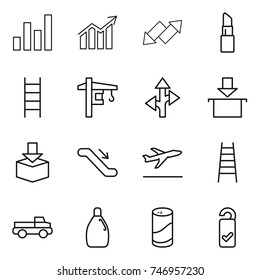 thin line icon set : graph, diagram, up down arrow, lipstick, stairs, tower crane, route, package, escalator, departure, pickup, cleanser, powder, please clean