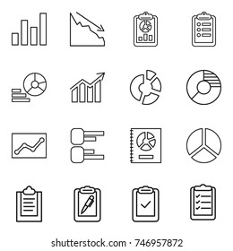 thin line icon set : graph, crisis, report, clipboard, diagram, circle, statistics, annual, pen, check, list