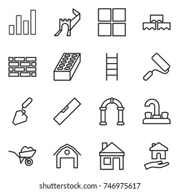 thin line icon set : graph, greate wall, window, block, brick, stairs, repair, construction, level, arch, water tap, wheelbarrow, barn, house, housing
