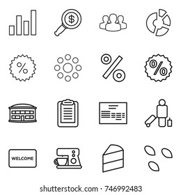 thin line icon set : graph, dollar magnifier, group, circle diagram, percent, round around, airport building, clipboard, invoice, passenger, welcome mat, coffee maker, cake, seeds