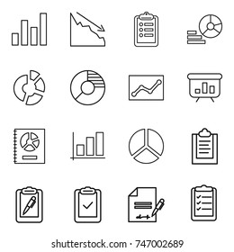 thin line icon set : graph, crisis, clipboard, diagram, circle, statistics, presentation, annual report, pen, check, inventory, list