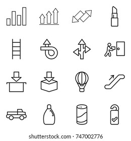 thin line icon set : graph, up, down arrow, lipstick, stairs, trip, route, courier delivery, package, air ballon, escalator, pickup, cleanser, powder, please clean