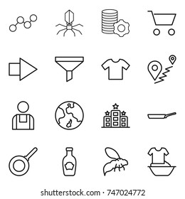 thin line icon set : graph, virus, virtual mining, cart, right arrow, funnel, t shirt, route, workman, earth, hotel, pan, ketchup, wasp, handle washing