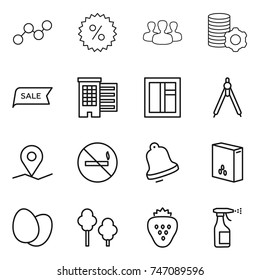 thin line icon set : graph, percent, group, virtual mining, sale, houses, window, drawing compasses, geo pin, no smoking, bell, cereals, eggs, trees, strawberry, sprayer