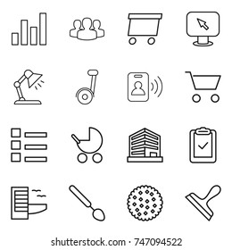 thin line icon set : graph, group, delivery, monitor arrow, table lamp, segway, pass card, cart, list, baby stroller, office, clipboard check, hotel, big spoon, cookies, scraper