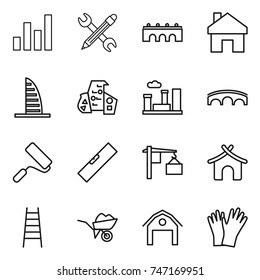 thin line icon set : graph, pencil wrench, bridge, home, skyscraper, modern architecture, city, repair, level, loading, bungalow, stairs, wheelbarrow, barn, gloves