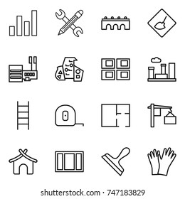 thin line icon set : graph, pencil wrench, bridge, under construction, mall, modern architecture, panel house, city, stairs, measuring tape, plan, loading, bungalow, window, scraper, gloves