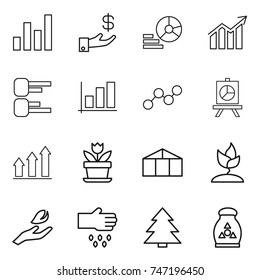 thin line icon set : graph, investment, diagram, presentation, up, flower, greenhouse, sprouting, hand leaf, sow, spruce, fertilizer
