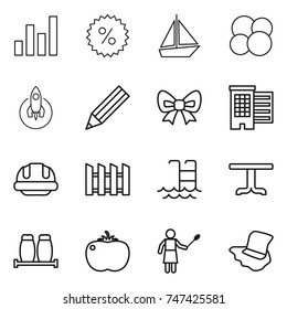 thin line icon set : graph, percent, boat, atom core, rocket, pencil, bow, houses, building helmet, fence, pool, table, salt pepper, tomato, woman with duster, floor washing