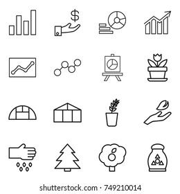 thin line icon set : graph, investment, diagram, statistics, presentation, flower, greenhouse, seedling, hand leaf, sow, spruce, garden, fertilizer