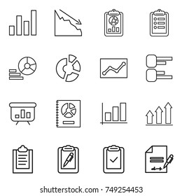 thin line icon set : graph, crisis, report, clipboard, diagram, circle, statistics, presentation, annual, up, pen, check, inventory
