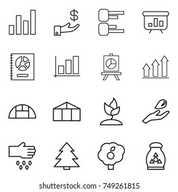thin line icon set : graph, investment, diagram, presentation, annual report, up, greenhouse, sprouting, hand leaf, sow, spruce, garden, fertilizer