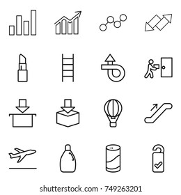 thin line icon set : graph, diagram, up down arrow, lipstick, stairs, trip, courier delivery, package, air ballon, escalator, departure, cleanser, powder, please clean