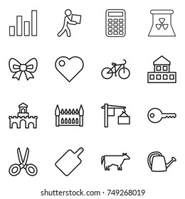 thin line icon set : graph, courier, calculator, nuclear power, bow, heart, bike, cottage, fort, gothic architecture, loading, key, scissors, cutting board, cow, watering can