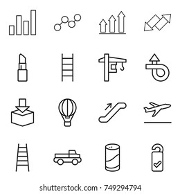 thin line icon set : graph, up, down arrow, lipstick, stairs, tower crane, trip, package, air ballon, escalator, departure, pickup, cleanser powder, please clean