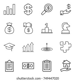 thin line icon set : graph, dollar, magnifier, investment, money bag, gift, pedestal, chess horse, graduate hat, up, target, puzzle, clipboard, housing