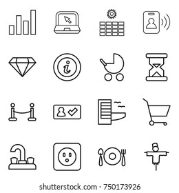 thin line icon set : graph, notebook, sun power, pass card, diamond, info, baby stroller, sand clock, vip fence, check in, hotel, cart, water tap, socket, fork spoon plate, scarecrow