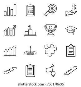 thin line icon set : graph, clipboard, dollar magnifier, investment, diagram, pedestal, trophy, graduate hat, up, target, puzzle, stairs, golf