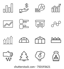 thin line icon set : graph, investment, diagram, statistics, presentation, up, greenhouse, seedling, sow, spruce, garden, fertilizer