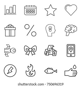 Thin Line Icon Set : Graph, Calendar, Star, Heart, Gift, Percent, Bulb Head, Brain, Satellite, Bow, Modern Architecture, Mobile Location, Electricity, Fire, Fish, Hand Drop