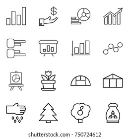 thin line icon set : graph, investment, diagram, presentation, flower, greenhouse, sow, spruce, garden, fertilizer