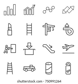 thin line icon set : graph, diagram, up down arrow, lipstick, stairs, tower crane, trip, courier delivery, package, escalator, departure, pickup, cleanser powder, please clean