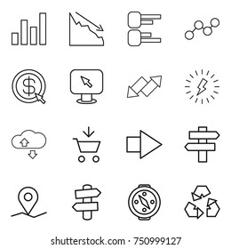 thin line icon set : graph, crisis, diagram, dollar arrow, monitor, up down, lightning, cloude service, add to cart, right, singlepost, geo pin, signpost, compass, recycling