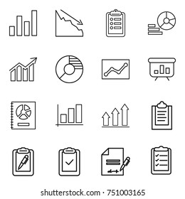 thin line icon set : graph, crisis, clipboard, diagram, circle, statistics, presentation, annual report, up, pen, check, inventory, list