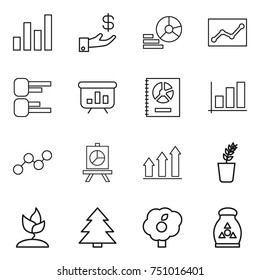 thin line icon set : graph, investment, diagram, statistics, presentation, annual report, up, seedling, sprouting, spruce, garden, fertilizer