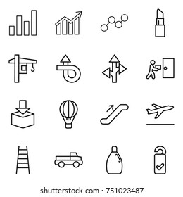 thin line icon set : graph, diagram, lipstick, tower crane, trip, route, courier delivery, package, air ballon, escalator, departure, stairs, pickup, cleanser, please clean