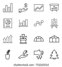thin line icon set : graph, investment, statistics, presentation, annual report, up, flower, greenhouse, seedling, hand leaf, sow, spruce