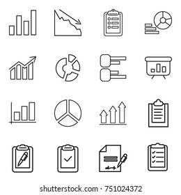 thin line icon set : graph, crisis, clipboard, diagram, circle, presentation, up, pen, check, inventory, list