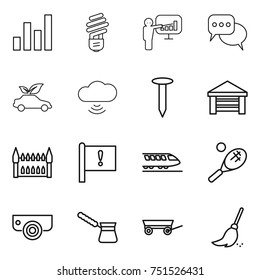 thin line icon set : graph, bulb, presentation, discussion, eco car, cloud wireless, nail, garage, gothic architecture, important flag, train, tennis, surveillance camera, turk, trailer, broom