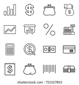 thin line icon set : graph, dollar, purse, money gift, statistics, presentation, percent, cashbox, calculator, arrow, credit card, receipt, bar code