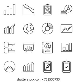 thin line icon set : graph, crisis, report, diagram, circle, statistics, presentation, annual, up, clipboard pen, check