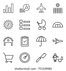 thin line icon set : graph, diagram, plane, sun power, list, baby stroller, hangare, barn, clipboard check, dry cargo, cart, barometer, chef knife, toilet cleaning
