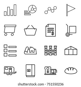 thin line icon set : graph, diagram, flag, delivery, basket, account balance, cargo stoller, list, project, palace, greenhouse, trailer, fridge, food processor, bread